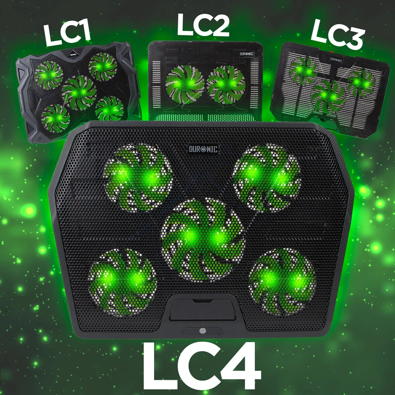 Duronic Laptop Cooling Pad LC4, Ergonomic Cooler Stand for 11”-17.3" Laptops with Adjustable 1400 RPM Fan Speed, 2 Height Levels, LED and RGB Lights, Ideal for Work, Study, and Gaming