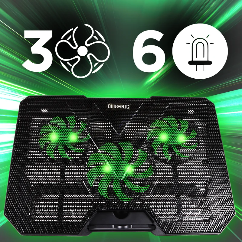 Duronic Laptop Cooling Pad LC3, Ergonomic Cooler Stand for 14"-17.3" Laptops, Adjustable 1400 RPM Fan Speed, 6 Height Levels, LED Lights, Lightweight and Sleek Design for Work, Study, and Gaming