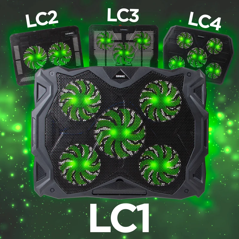 Duronic Laptop Cooling Pad LC1, Ergonomic Cooler with 5 Quiet Cooling Fans, Lightweight, Adjustable Height and LED lights, Perfect for Work, Study and Gaming