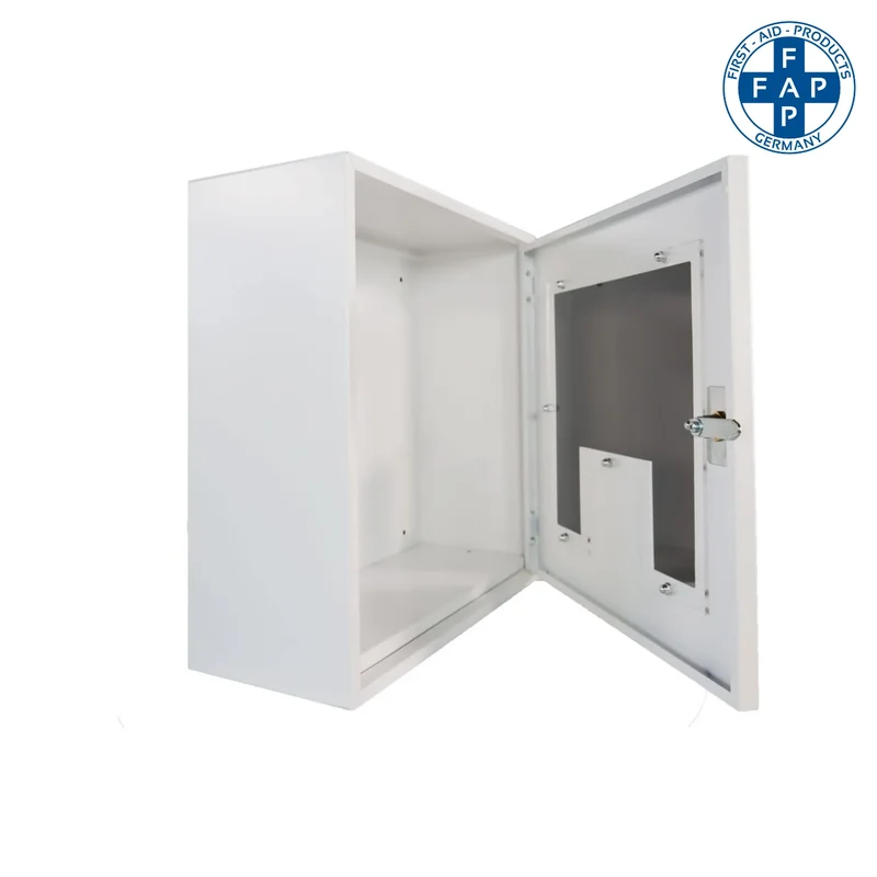 FAP Universal AED Metallschrank, leer, für Defibrillatoren, mit Sichtfenster & Schloss, ohne Alarm