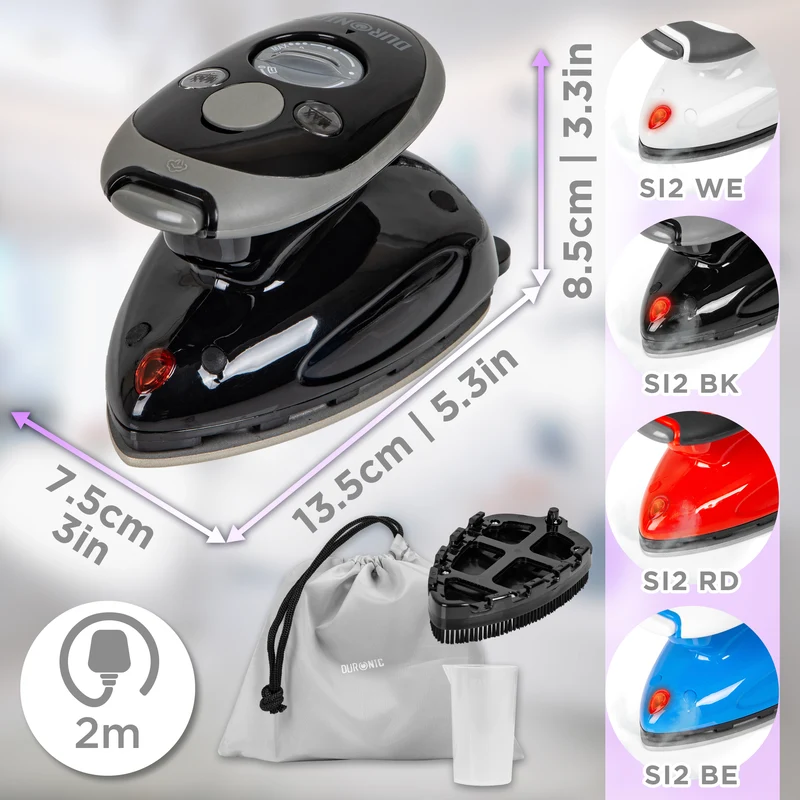 Duronic Travel Iron SI2 BK 375W Mini Irons with Variable Temperature Portable 50ml Black Steam Iron For Holiday Quilting Crafts Compact Design for Travelling
