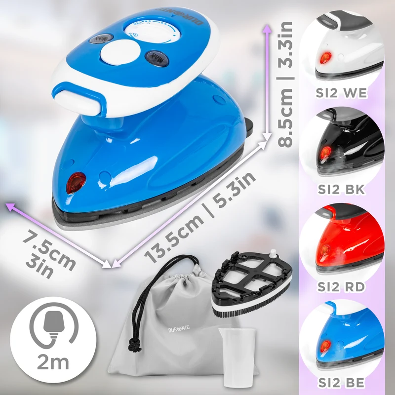 Duronic Travel Iron SI2 BE 375W Mini Irons with Variable Temperature Portable 50ml Blue Steam Iron For Holiday Quilting Crafts Compact Design for Travelling