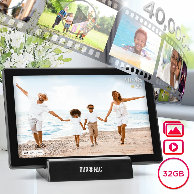 Duronic Digital Photo Frame PF1D BK Frameo 10.1” Electronic Photo Album 800x1200 WiFi Photoframe Tablet with Phone App Touchscreen Video Player Picture Frame for Birthday Engagement Gifts Family Black