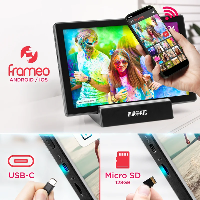 Duronic Digital Photo Frame PF1D BK Frameo 10.1” Electronic Photo Album 800x1200 WiFi Photoframe Tablet with Phone App Touchscreen Video Player Picture Frame for Birthday Engagement Gifts Family Black