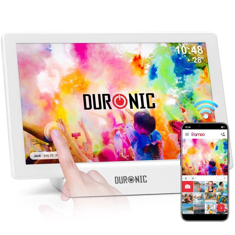 Duronic Digital Photo Frame PF1D WE Frameo 10.1” Electronic Photo Album 800x1200 WiFi Photoframe Tablet with Phone App Touchscreen Video Player Picture Frame for Birthday Engagement Gifts Family White