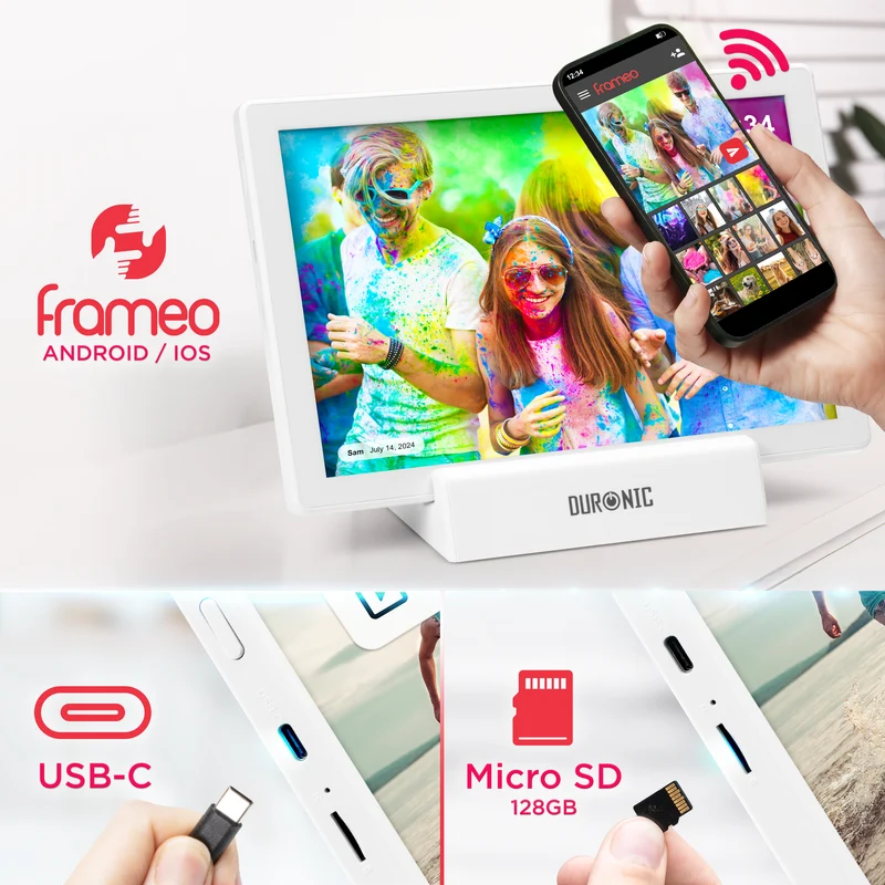 Duronic Digital Photo Frame PF1D WE Frameo 10.1” Electronic Photo Album 800x1200 WiFi Photoframe Tablet with Phone App Touchscreen Video Player Picture Frame for Birthday Engagement Gifts Family White