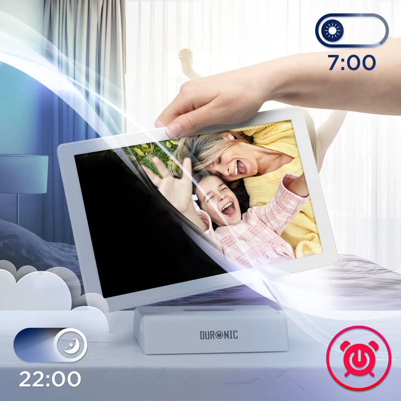 Duronic Digital Photo Frame PF1D WE Frameo 10.1” Electronic Photo Album 800x1200 WiFi Photoframe Tablet with Phone App Touchscreen Video Player Picture Frame for Birthday Engagement Gifts Family White
