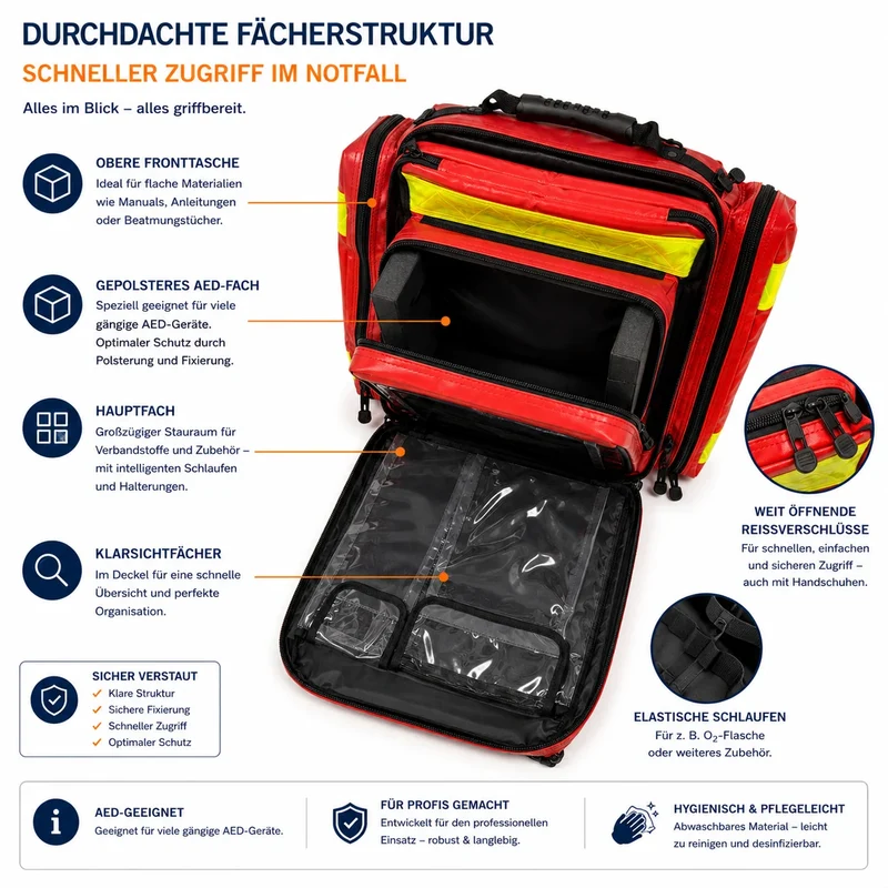 AED-Notfallrucksack Größe M, rot, mit Reflektoren