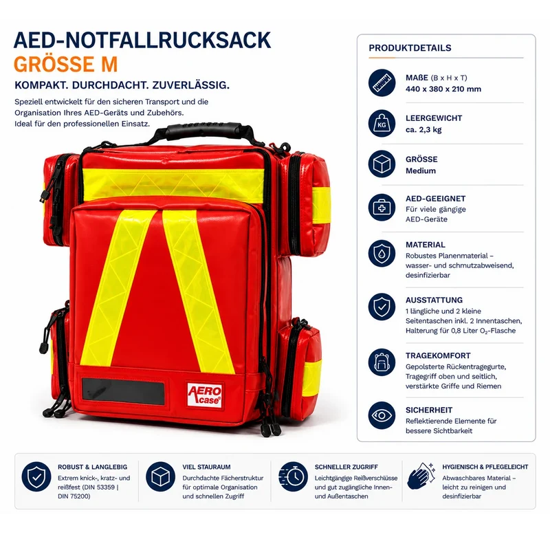 AED-Notfallrucksack Größe M, rot, mit Reflektoren