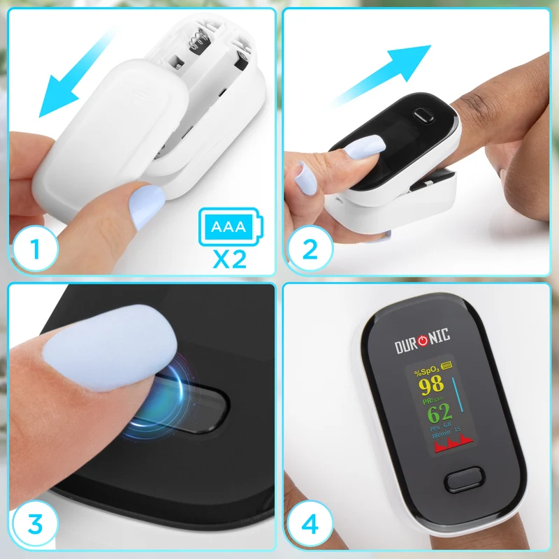 Duronic Finger Pulse Oximeter OX02 Blood Oxygen Saturation & Pulse Rate Monitor CE Certified SpO2 Fingertip Monitor for Home Use Portable Latex Free Oximeters with Digital Display & Lanyard