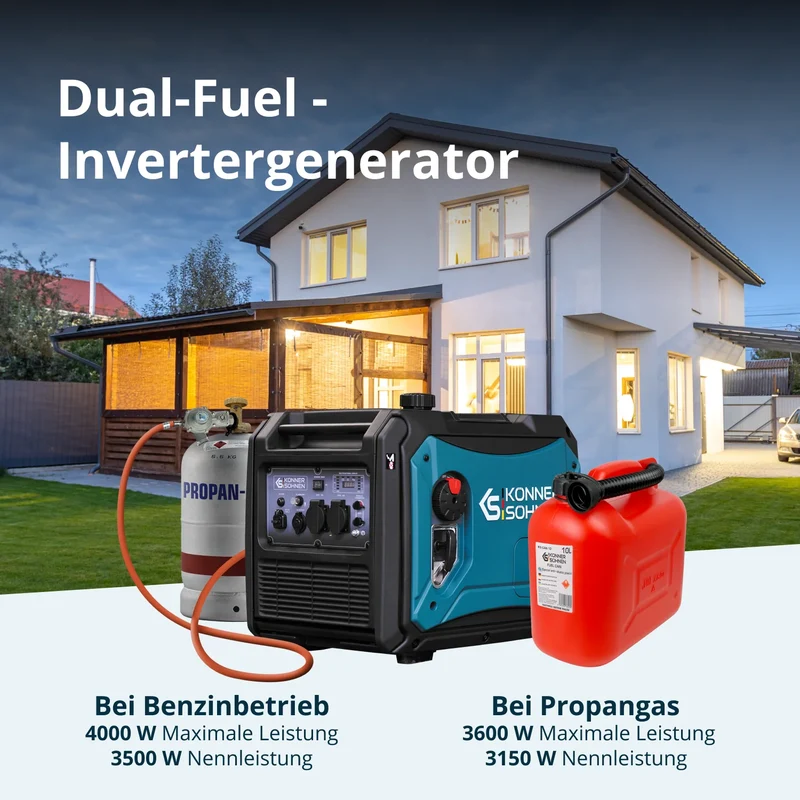"Könner & Söhnen" LPG/Benzin-Inverter-Generator KS 4000iEG S - 4kW Nennleistung - Benzin / Gas Motor - 230V