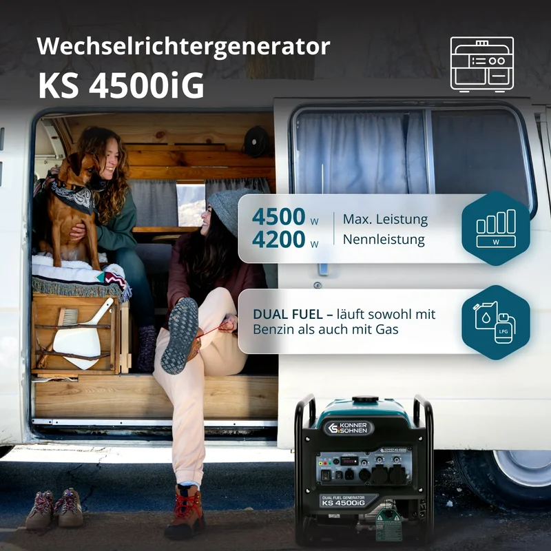 "Könner & Söhnen" Dual-Inverter-Generator KS 4500iG - 4.2kW Nennleistung - Benzin / Gas Motor - 230V