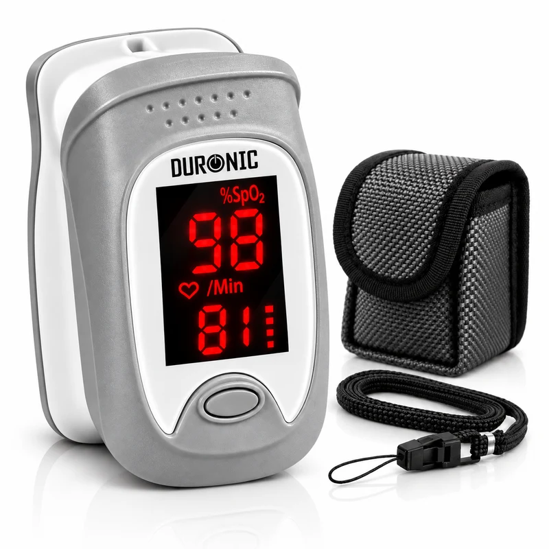 Duronic Fingertip Pulse Oximeter OX01R Blood Oxygen Level Monitor for Measuring Blood Oxygen & Pulse Rate, Finger Pulse Monitor with Lanyard & Carry Pouch