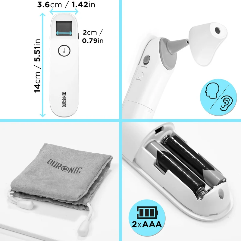 Duronic IRT3W Ear and Forehead 3 in 1 Thermometer | Non-Contact Digital Infrared Medical Thermometer for Baby/Child/Adult & Objects | Easy Operation | Instant Accurate Results | Grey Pouch Included