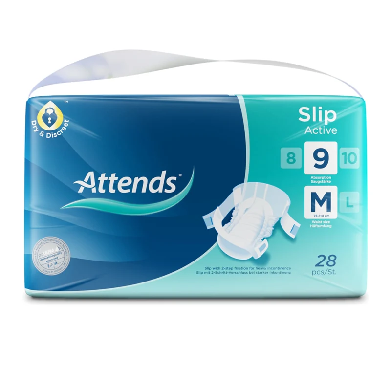 Attends Slip Active 9 Inkontinenzhosen mit 2-Schritt-Verschluss und hoher Saugleistung, hautfreundlich