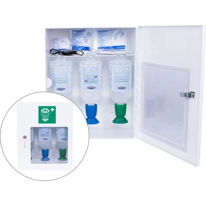 Actiomedic EYE CARE Augenspülschrank II mit Zusatzausstattung, aus robustem Stahlblech – zur Wandmontage