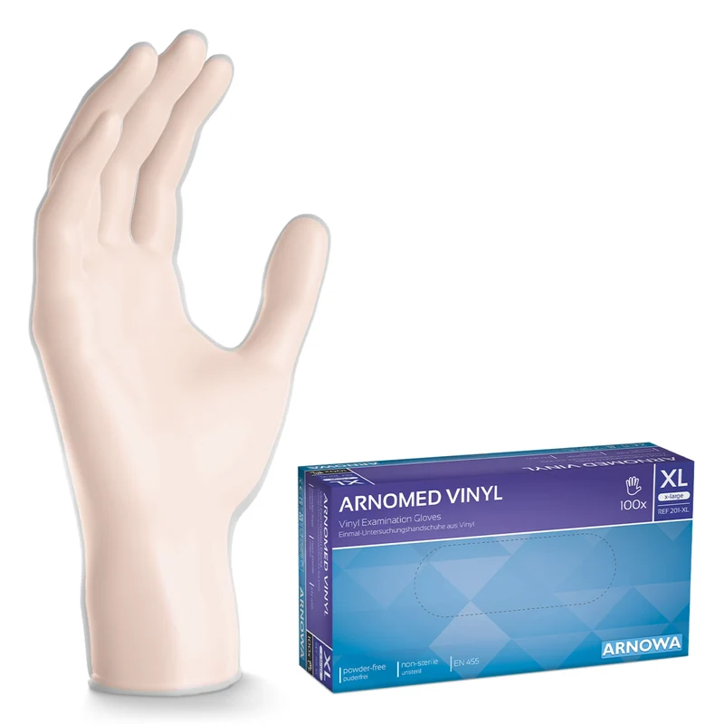 ARNOMED Vinyl Einmalhandschuhe, puderfrei, transparent, mit Rollrand