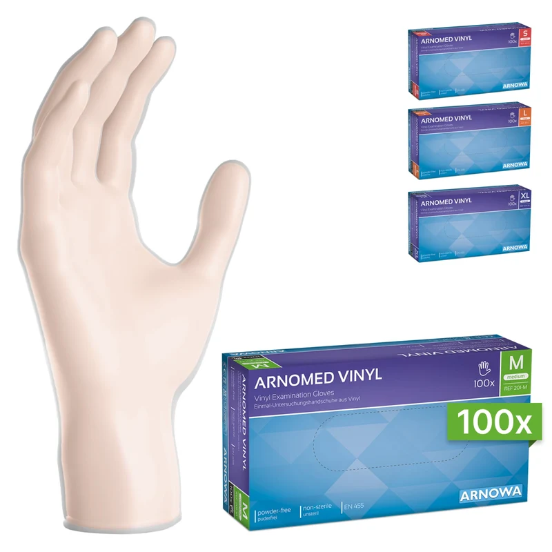 ARNOMED Vinyl Einmalhandschuhe, puderfrei, transparent, mit Rollrand