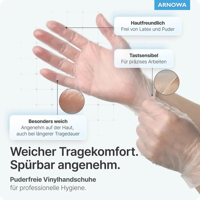 ARNOMED Vinyl Einmalhandschuhe, puderfrei, transparent, mit Rollrand