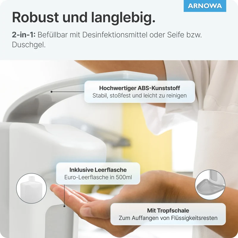 ARNOMED Desinfektionsmittelspender, ABS Kunststoff, weiß, individuell dosierbar