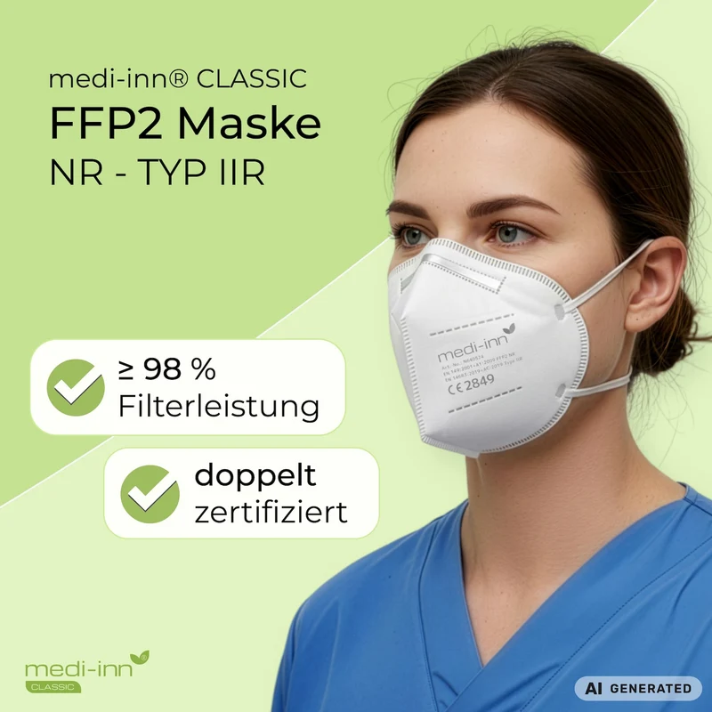Medi-Inn Atemschutzmasken FFP2 NR, Typ IIR, 3-lagig, weiß