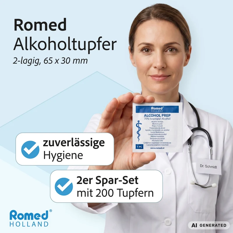 Romed Alkoholtupfer 65 x 30 mm, 2-lagig, Spar-Set 2 x 100 Stück, hygienisch eingesiegelt