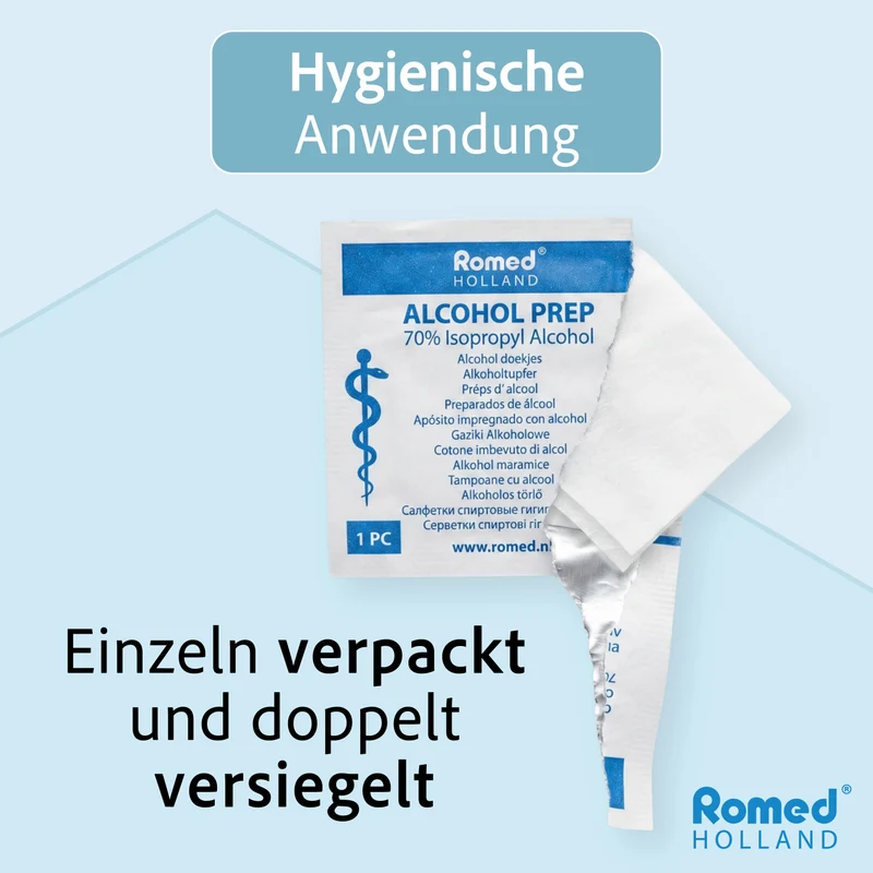 Romed Alkoholtupfer 65 x 30 mm, 2-lagig, Spar-Set 5 x 100 Stück, hygienisch eingesiegelt