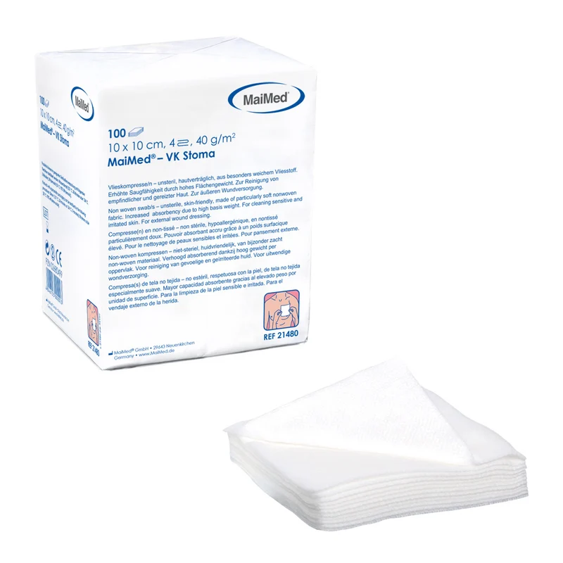 MaiMed VK Stoma Vlieskompressen 10 x 10 cm, 4-fach, 40 g/m², unsteril