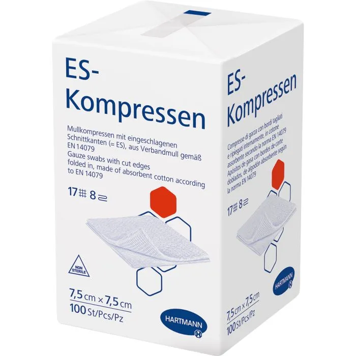 Hartmann ES Mullkompressen unsteril 7,5 x 7,5 cm, 17-fädig, 8-fach